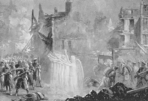 Shining Angels throw a protective curtain around men from the Lincolnshire Regiment at Mons”. Illustration by Alfred Pearse published in The Chariots of God, by A. Churchwoman, 1915
