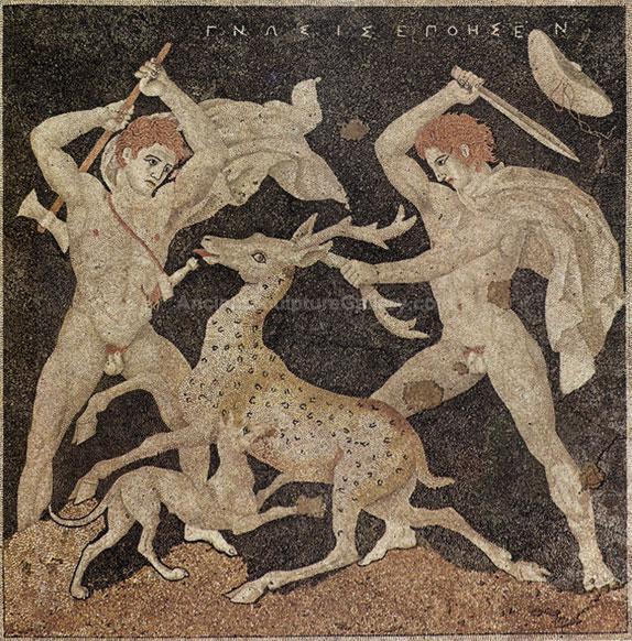 Αλέξανδρος και Κρατερός σε κυνήγι ελάφου_μωσαϊκό_Πέλλα_300 π.Χ