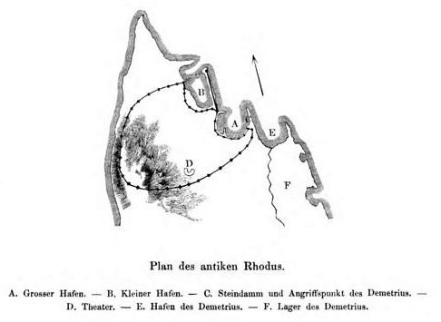 Σκίτσο της αρχαίας πόλης της Ρόδου από το έτος 1861. Οι πληροφορίες σχετικά με τη θέση της θύρας (Archandia Bay) και το στρατόπεδο του Δημητρίου (Ε και ΣΤ) αμφισβητούνται.