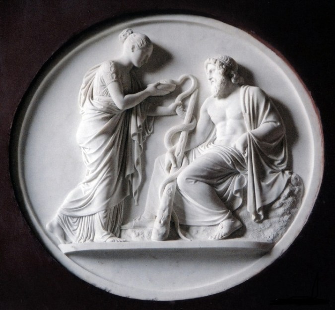 Υγεία και Ασκληπιός_Η Υγιεία ταΐζει το φίδι του Ασκληπιού_μουσείο Thorvaldsen Κοπεγχάγη