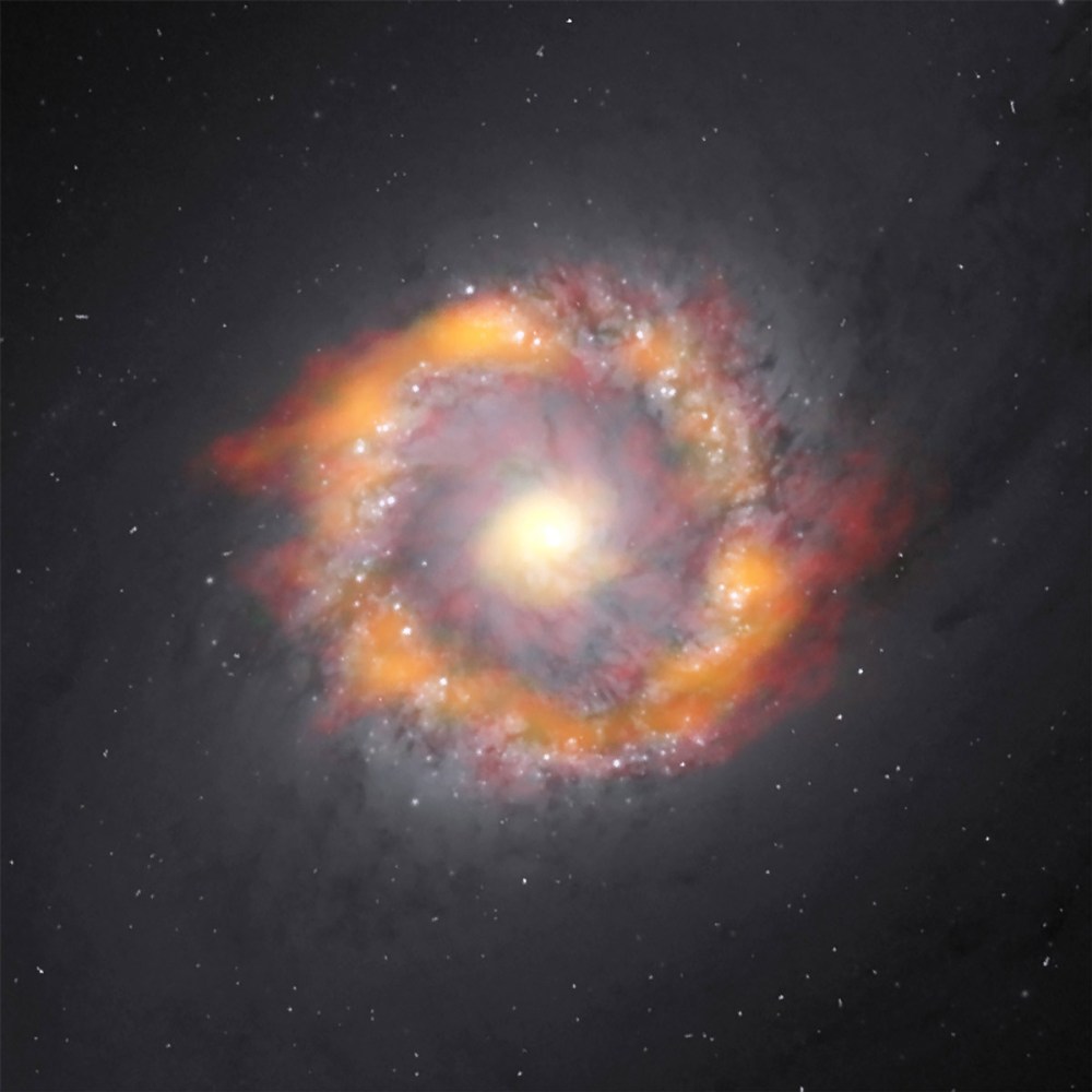 Composite image of the barred spiral galaxy NGC 1097. By studying the motion of two molecules, ALMA was able to determine that the supermassive black hole at the galactic center has a mass 140 million times greater than our Sun. The ALMA data is in red (HCO+) and green/orange (HCN) superimposed on an optical image taken by the Hubble Space Telescope. Credit: ALMA (NRAO/ESO/NAOJ), K. Onishi; NASA/ESA Hubble Space Telescope, E. Sturdivant; NRAO/AUI/NSF