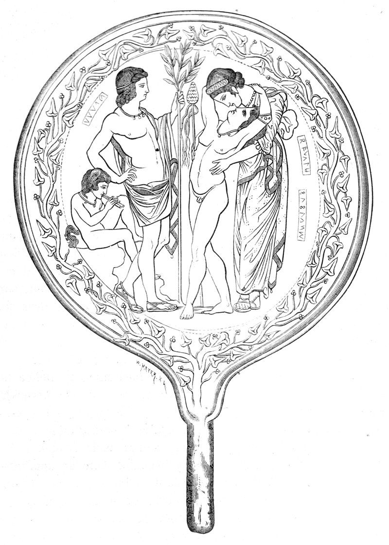 Η Σεμέλη στην αγκαλιά του γιού της, Διονύσου. Drawing from an Etruscan mirror: Semele embracing her son Dionysus, with Apollo looking on and a satyr playing an aulos. Wikipedia URL [https://en.wikipedia.org/wiki/Semele]